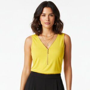 Carmen Marc Valvo Yellow Sleeveless Zip Neck Blouse Top NEW S
